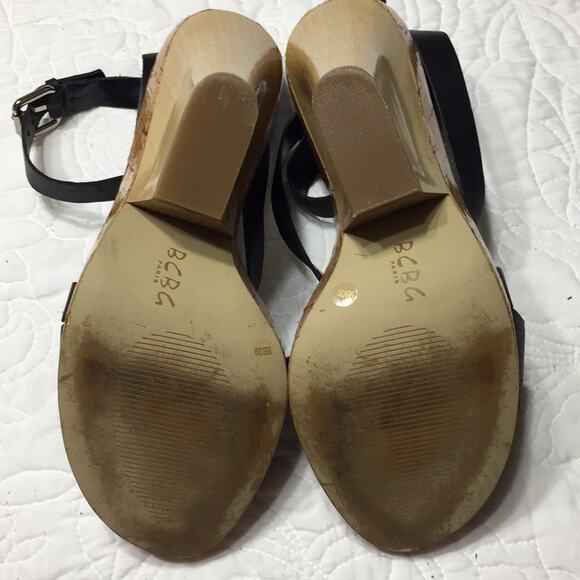 BCBG Paris Black Strappy Platform Shoes Size 9 with Wood Balance Sandal Heels - Picture 7 of 8
